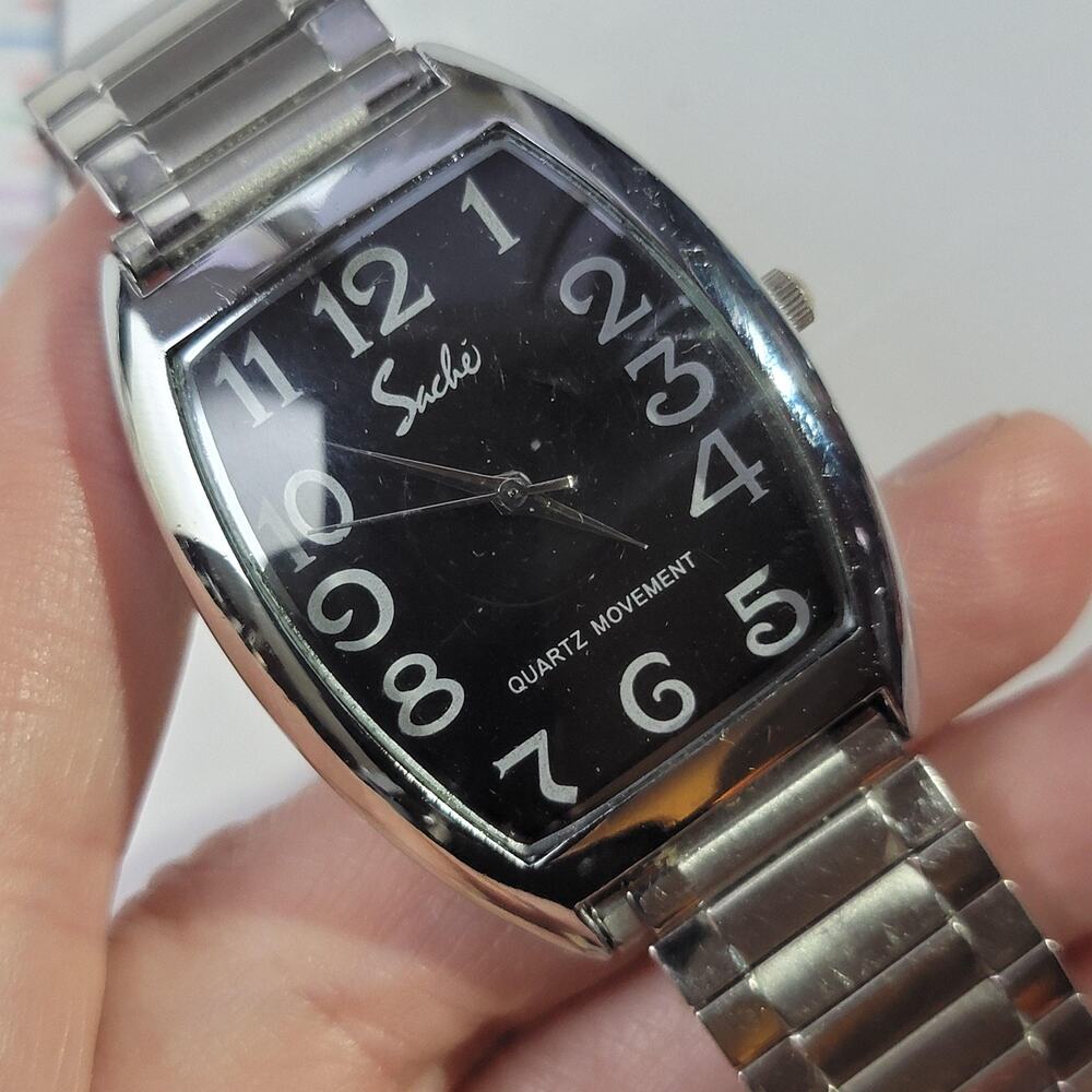 Vintage Suede Womens Watch Black Dial Silver Case Bracelet Tonneau Quartz